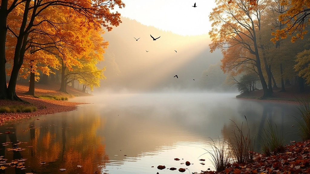 Podzimní barvy kolem rybníka, opadavé listy, žluté a rezavé tóny, ranní mlha