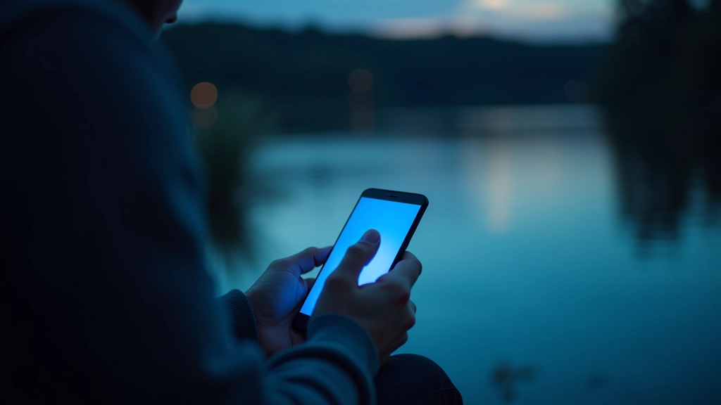 Osoba s mobilním telefonem sedí u vody, telefon osvětluje tvář v podvečeru